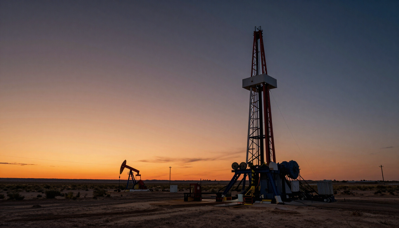 West Texas drilling site at dusk in the Permian Basin