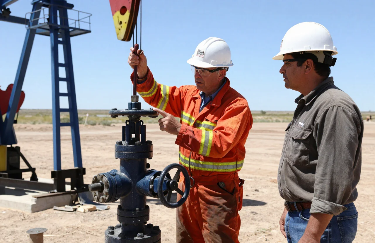 Aghorn field operators inspecting a wellhead in West Texas
